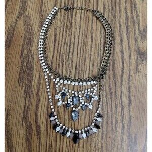 2010's Statement Bib Necklace Gold Tone Rhinestone Teardrop 13"